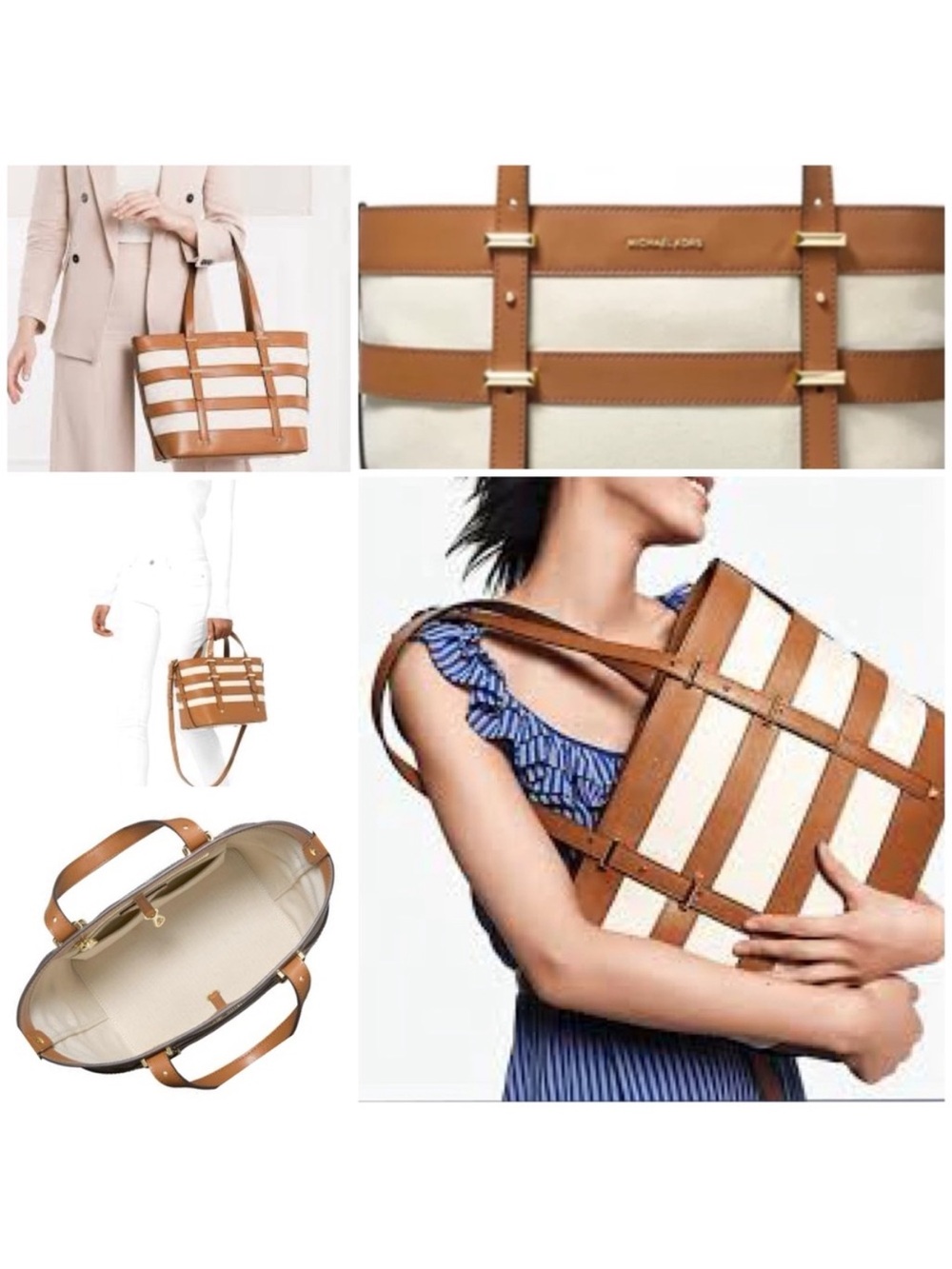 Michael Kors Tan and Cream Striped Leather-Trim Tote- Marie